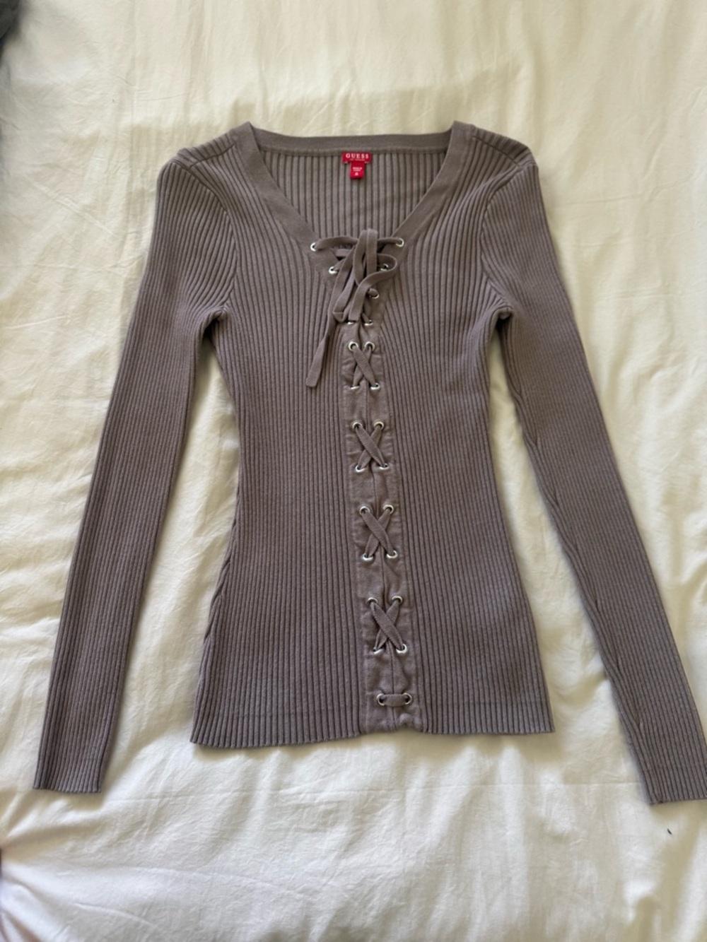 Guess Ribbed Lace-Up Long Sleeve Top in Taupe